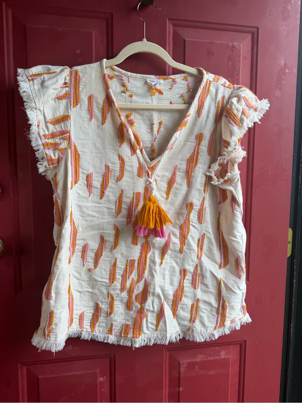 Boho Cream Top with Orange & Pink Embroidery